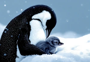 A penguin mother in black and white cuddling her chick in a snowy blue background shows warmth and constant presence. tattoo idea