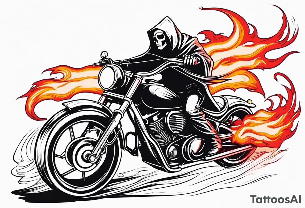 Grim Reaper on adventure motorcycle
on fire with red glowing eyes tattoo idea
