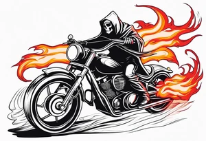 Grim Reaper on adventure motorcycle 
on fire with red glowing eyes tattoo idea
