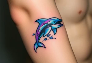 A pixelated dolphin emerging from digital waves, with cyberpunk hues of neon blue and purple tattoo idea