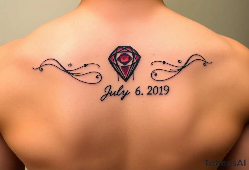 Ruby gemstone with a stick figure with the birthday July 6, 2019 to tattoo idea
