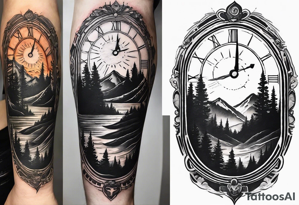 Half sleeve. View from the base of the mountains looking up to the sun. The sun is a clock that reads 12:01 to signify a new day. I want a clock tower in the middle of the mountains with the times my two sons were born. This tattoo represents overcoming massive obstacles and becoming a better person. tattoo idea