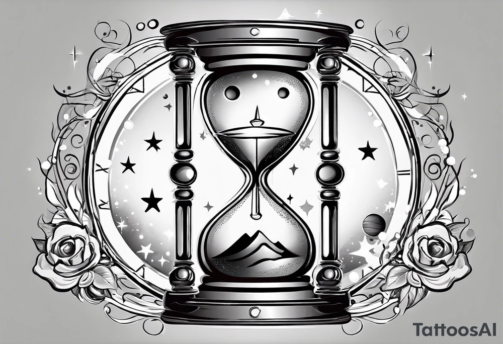 Mix an hourglass with a nautical clock with the addition of planets, galaxies to give a design to print on a t-shirt, the design should be in one color in the form of a tattoo and all the shapes should be mixed to give one shape tattoo for all arms. vectore file for ullustrator tattoo idea