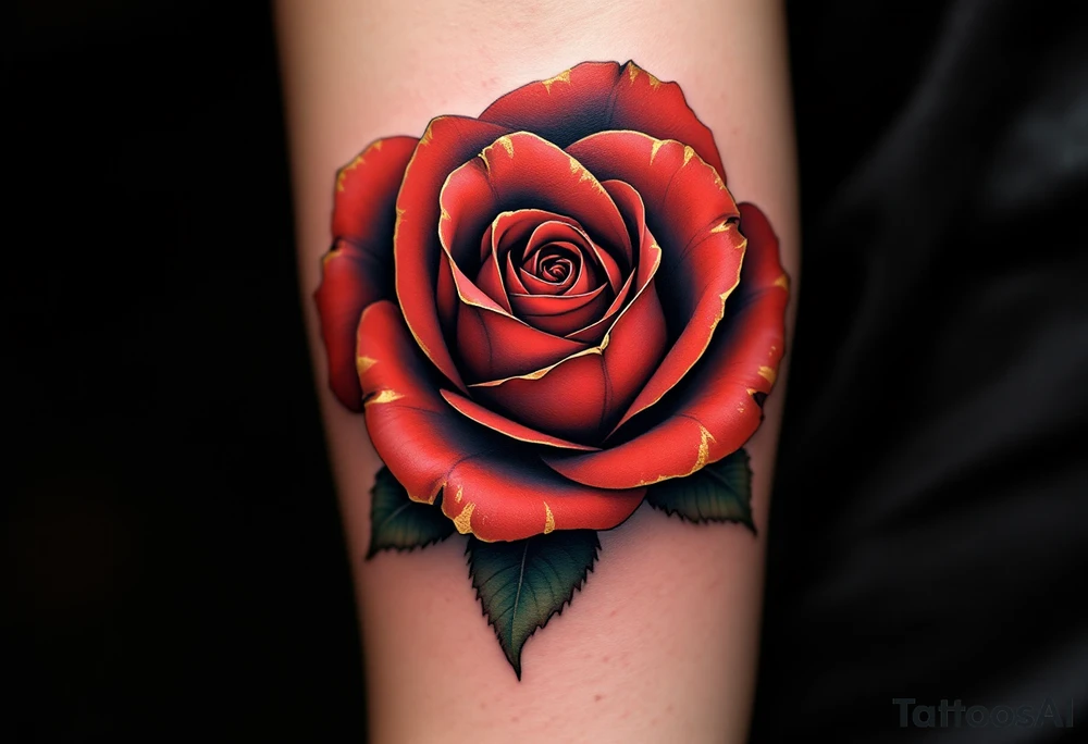 A vibrant deep red rose at the center of the design, its petals rich with shading and subtle gradients, giving it a realistic appearance. The rose symbolizes passion, love, and beauty, with golden highlights on the edges of the petals to add depth and a touch of elegance. tattoo idea