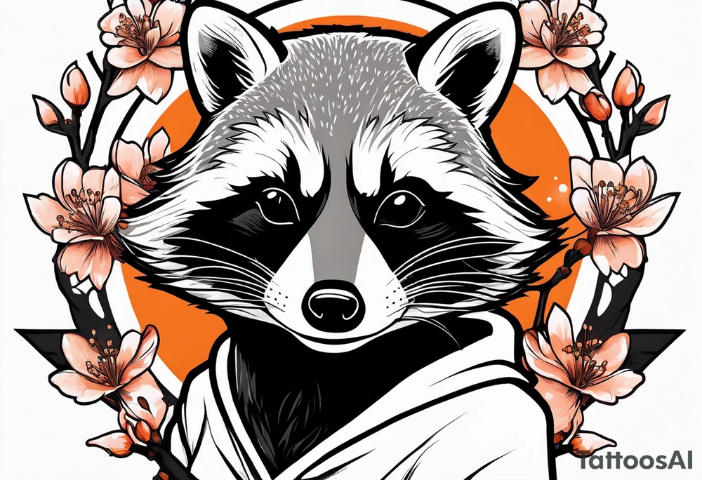 Raccoon wearing a white Superman logo on a black hoodie and orange Japanese cherry blossoms tattoo idea