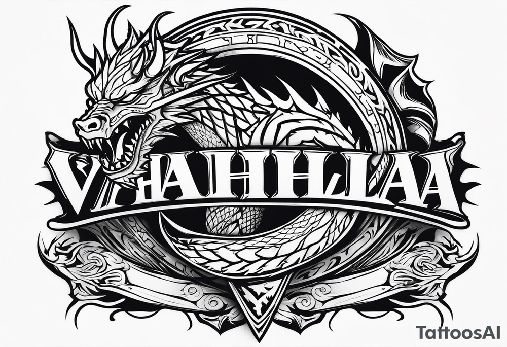 Valhalla sword shield dragon head axe tattoo idea