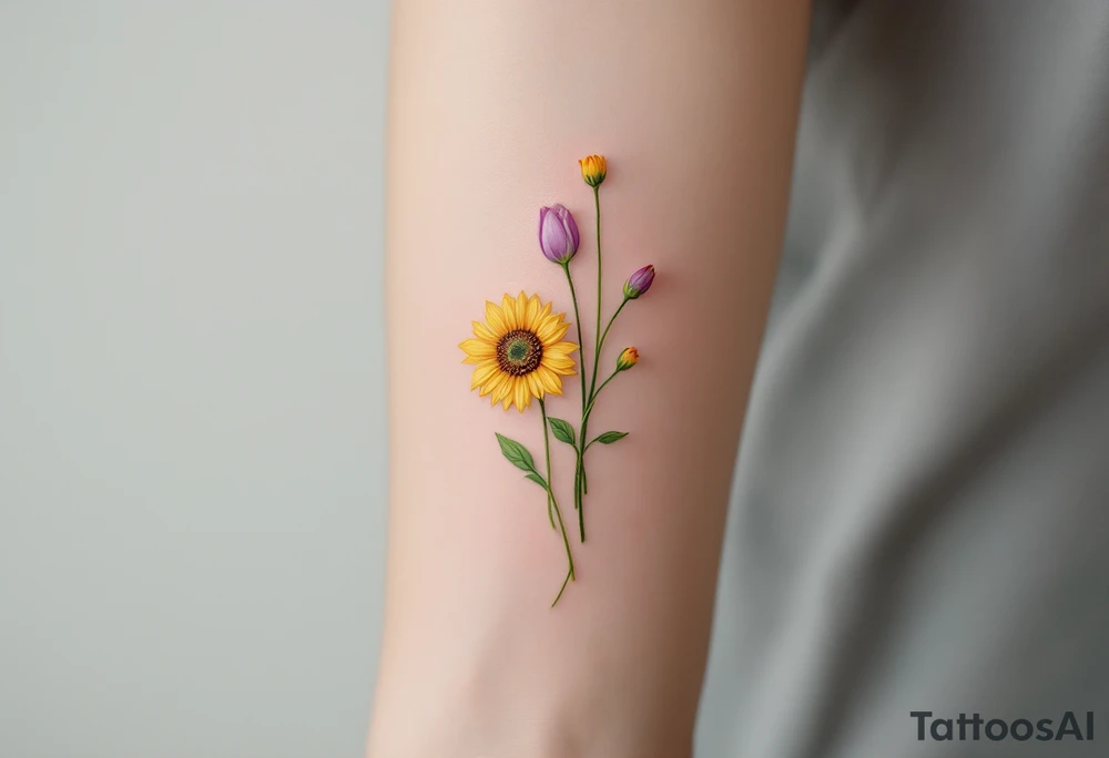 small yellow sunflowers and sunflower buds and pale purple tulip buds and a small stargazer Lilly in pale pink in a dainty wildflower bouquet with light green stems. Low detail. tattoo idea