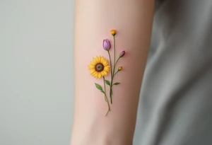 small yellow sunflowers and sunflower buds and pale purple tulip buds and a small stargazer Lilly in pale pink in a dainty wildflower bouquet with light green stems. Low detail. tattoo idea