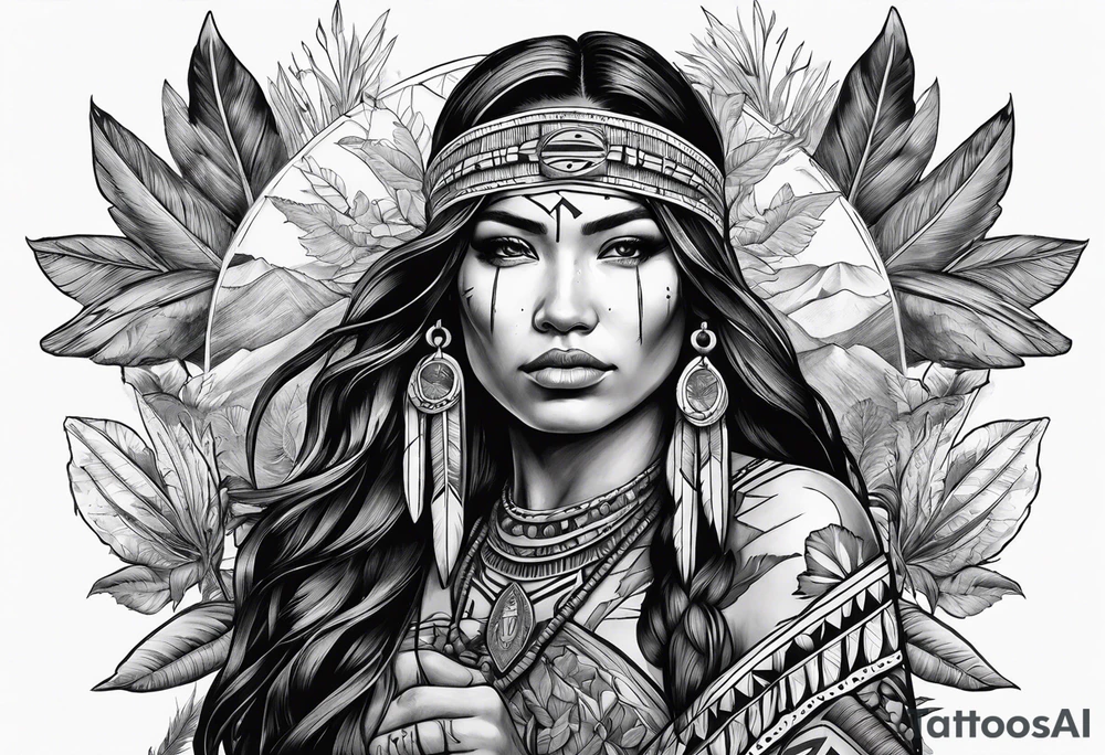 War Native American holding a cross nacklace with plants and nature behind her, half sleeve tattoo idea