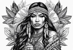 War Native American holding a cross nacklace with plants and nature behind her, half sleeve tattoo idea