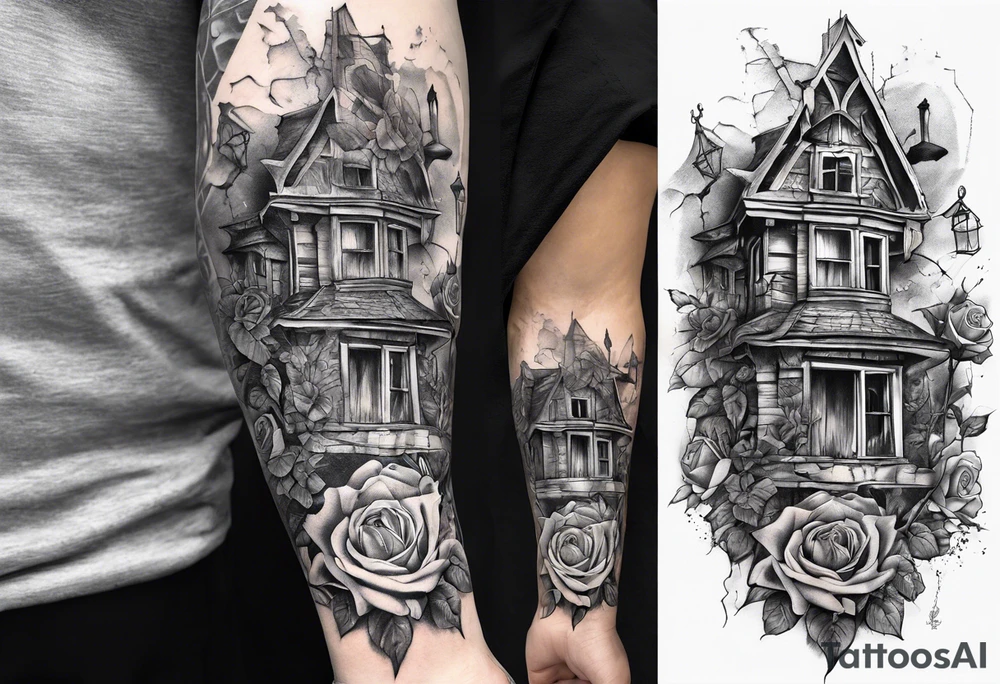 fool sleeve,, abandoned old gotic house, broken sword, roses, tattoo idea