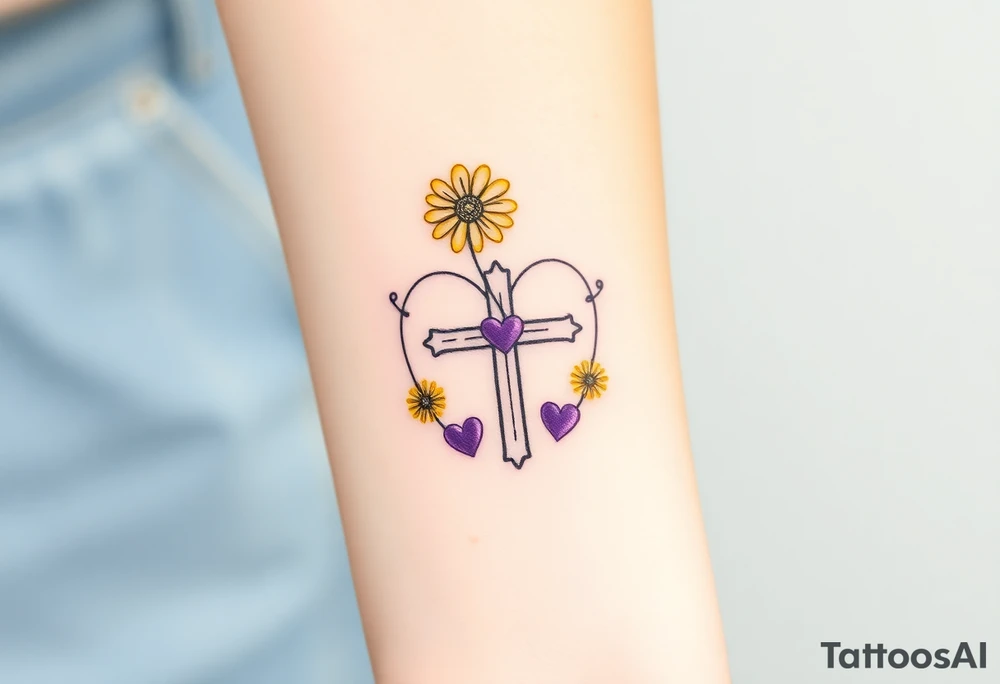 Yellow daisy Purple Hearts around a cross tattoo idea