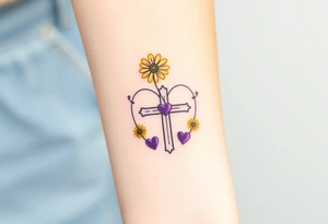 Yellow daisy Purple Hearts around a cross tattoo idea