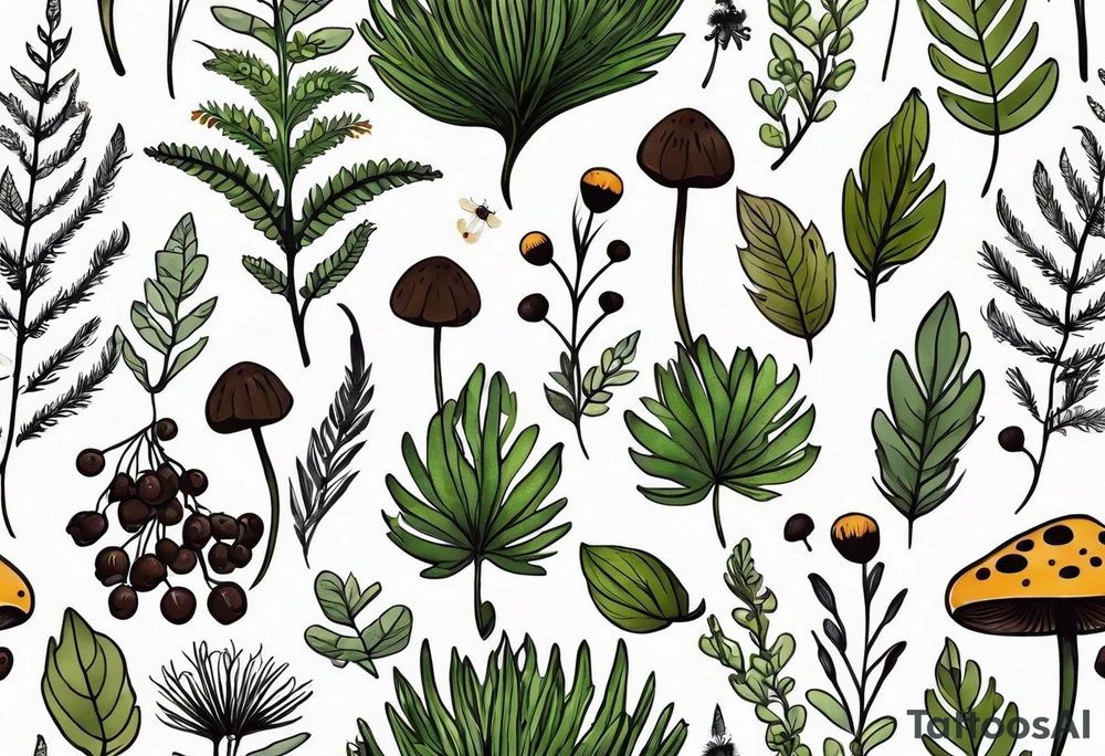 minimalistic forest floor inspired tattoo, which includes grass, moss, curly ferns and dead leaves as the bulk of the tattoo. details to include: forest berries, couple of very small brown mushrooms, a tiny bumblebee flying nearby tattoo idea