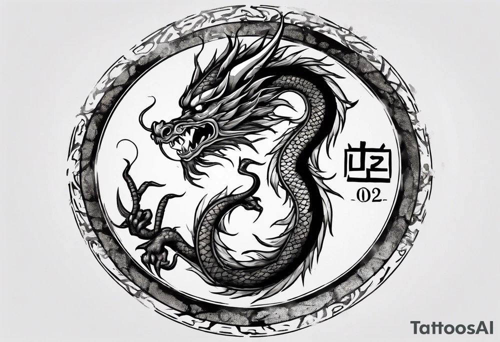 Chinese dragon in a circular shape with "02.03" written on its skin tattoo idea