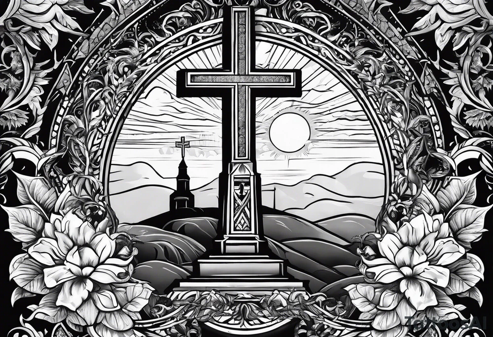 Tomb with cross and sun in the background tattoo idea