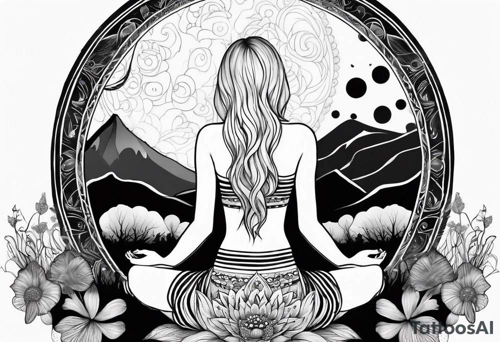 Straight blonde hair girl meditating facing away toward mountains surrounded by mushrooms crescent moon mandala circular design black and white striped dress tattoo idea