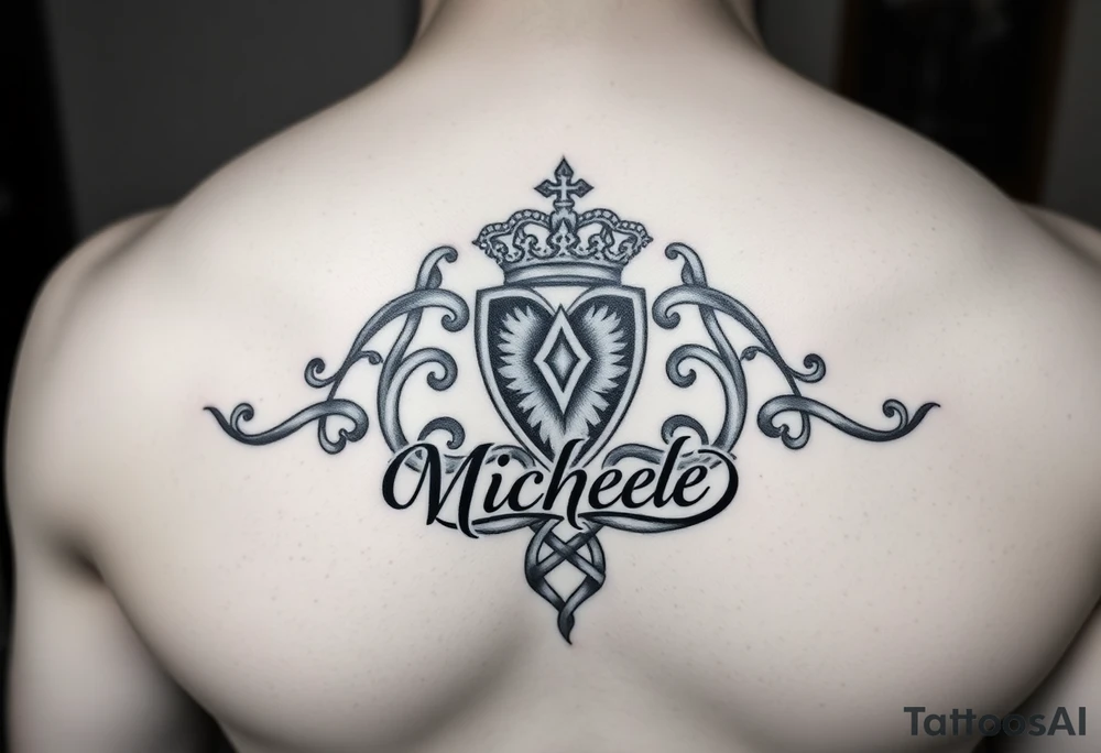 Create a tattoo on a man’s chest if a woman’s name. Claddagh and the name Michelle. Irish themed with Celtic knot tattoo idea