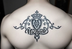 Create a tattoo on a man’s chest if a woman’s name. Claddagh and the name Michelle. Irish themed with Celtic knot tattoo idea