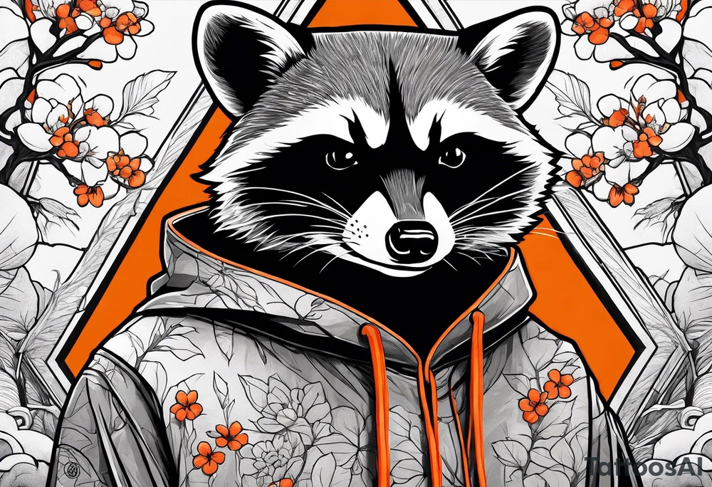 raccoon wearing a Superman hoodie with orange Japanese cherry blossoms tattoo idea