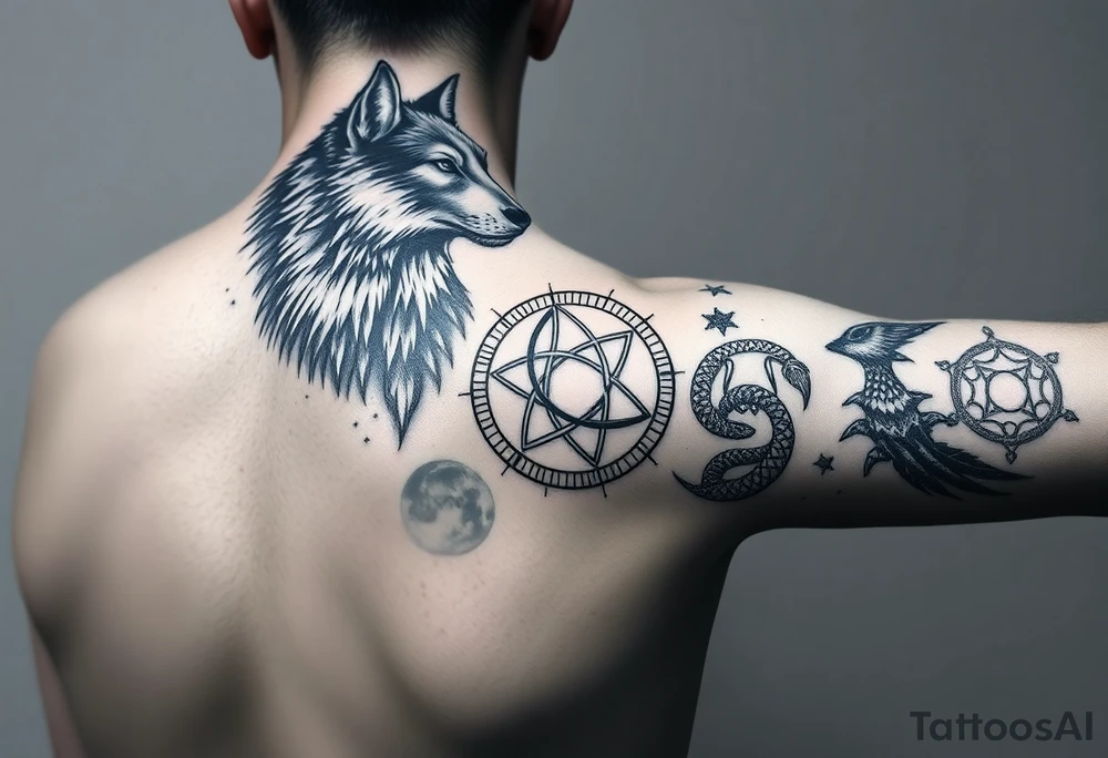 Right arm sleeve for men 
With wolf and moon on the top then Triskelion: Cycles of life then Ouroboros then something else 
 On the arm only tattoo idea