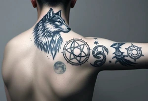 Right arm sleeve for men 
With wolf and moon on the top then Triskelion: Cycles of life then Ouroboros then something else 
 On the arm only tattoo idea