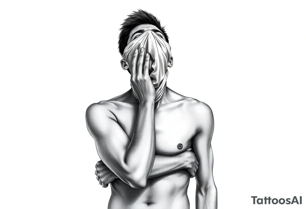 a naked man covering his eyes and mouth with a cloth with no emotions and looking up the sky tattoo idea