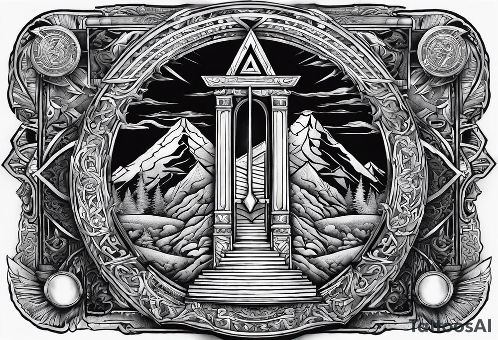Valhalla stairs 
Valhalla stairs sword shield  axe 
Valknut  ruins lightnings tattoo idea