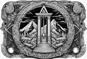 Valhalla stairs 
Valhalla stairs sword shield  axe 
Valknut  ruins lightnings tattoo idea