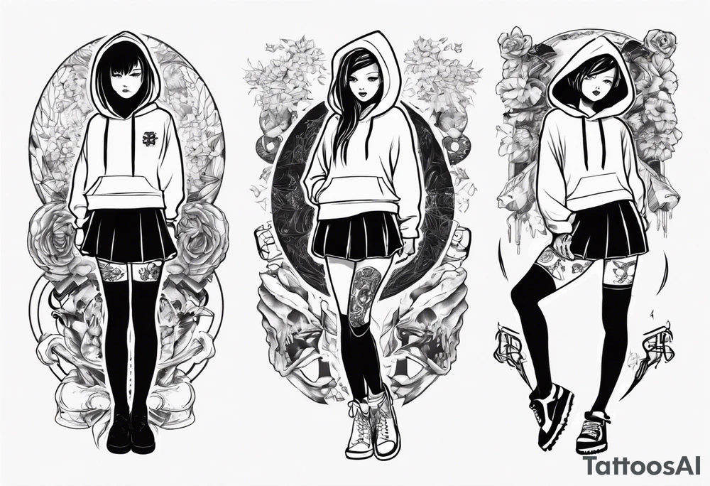 A girl in short skirt wearing a hoodie with her legs crossed tattoo idea