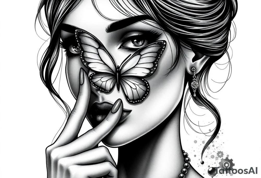 Black and grey realism tattoo design of a beautiful woman's face. And a butterfly landing g on her nose that covers her eyes  (see no evil), her left index finger is at her lips (speak no evil). Her ears are dripping blood that is steaming down her neck and cheek. The style is black and grey realism, hyper-realistic, dark, and evil. Incorporate ninja gear elements and mechanical details (gears) subtly into the background or clothing for a gear ninja evil look. Design for a full forearm sleeve placement tattoo idea