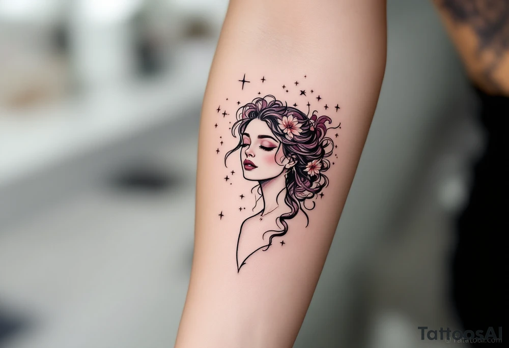 Fine black linework of the Virgo constellation curves behind a stylized goddess in plum and wine hues tattoo idea