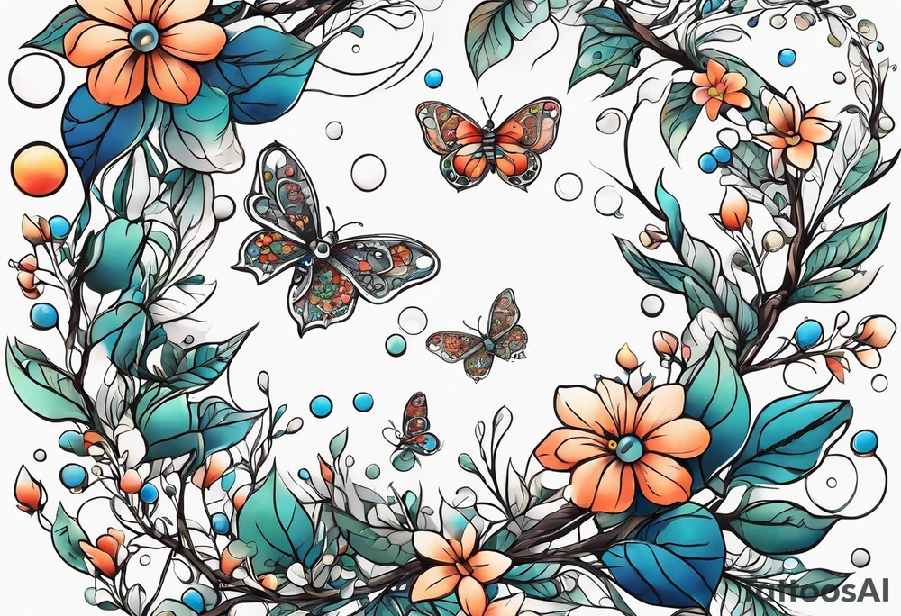 Winding branches and leaves and tiny flowers with a small moth and bubbles tattoo idea