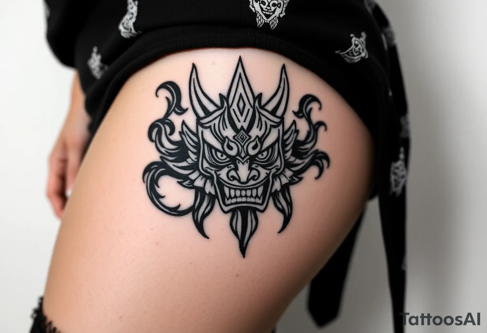 Oni mask surrounded by smoke tattoo idea
