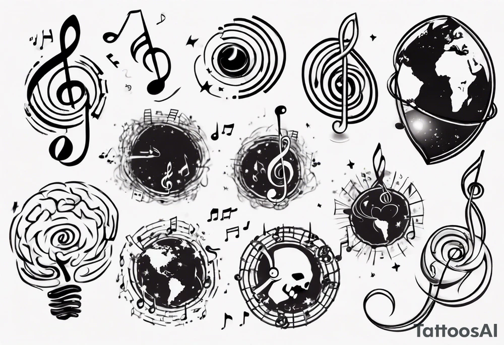Music notes roaming around a brain shaped planet tattoo idea