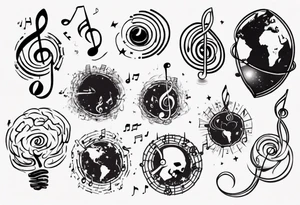 Music notes roaming around a brain shaped planet tattoo idea