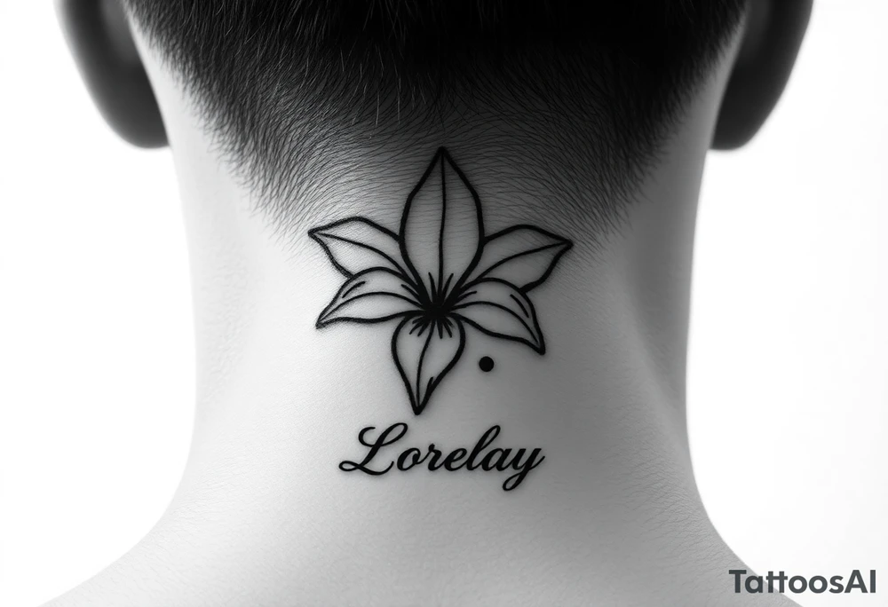 Crea un diseño significativo sobre la flor de bayahibe egipcia y que tenga el nombre escrito por de bajo del diseño el nombre de mi hermana Lorelay para la parte baja del bíceps tattoo idea