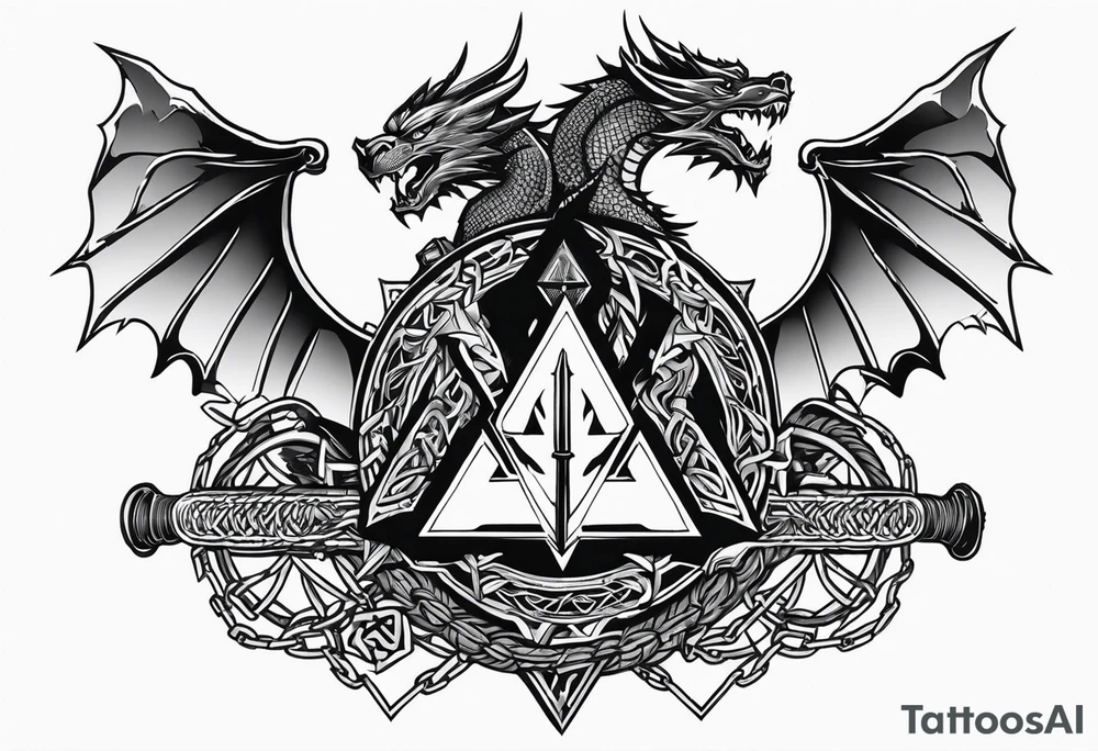 Valhalla sword shield dragon axe Valknut barbed wire chains fire tattoo idea Valhalla sword shield dragon axe Valknut barbed wire chains fire tattoo idea
