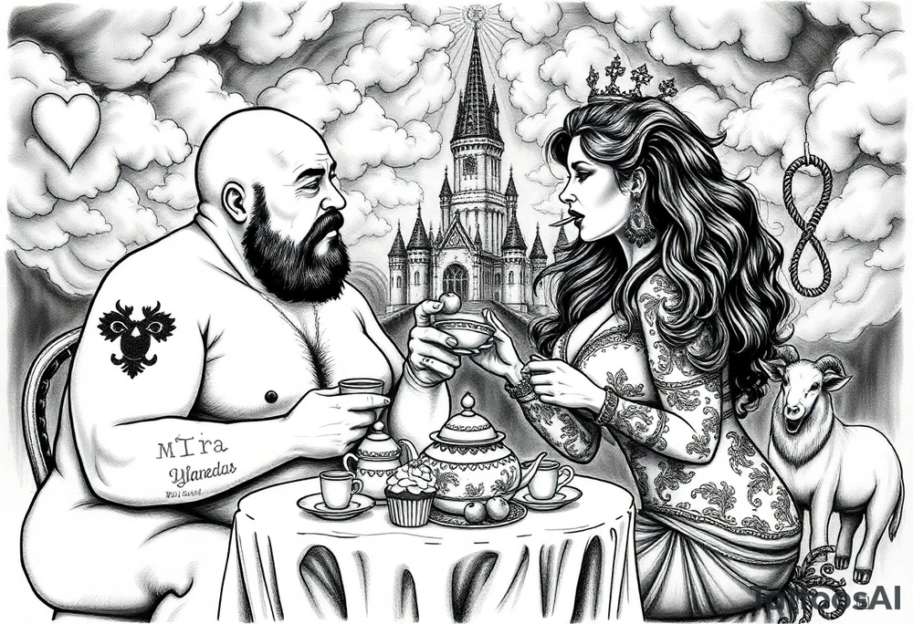 Naked Man and fat woman having sex eating cupcakes and  fruit  having sexy naked fat lady having a tea party with tea pots  with medieval castle  
with mystical  aries a pigs, peacock,  lion, goat, noose and smoking cigerettes looking in the mirror thru storm clouds and broken hearts and darkness and wrath, envy , gluttony, greed, sloth, pride . Gothic tattoo idea