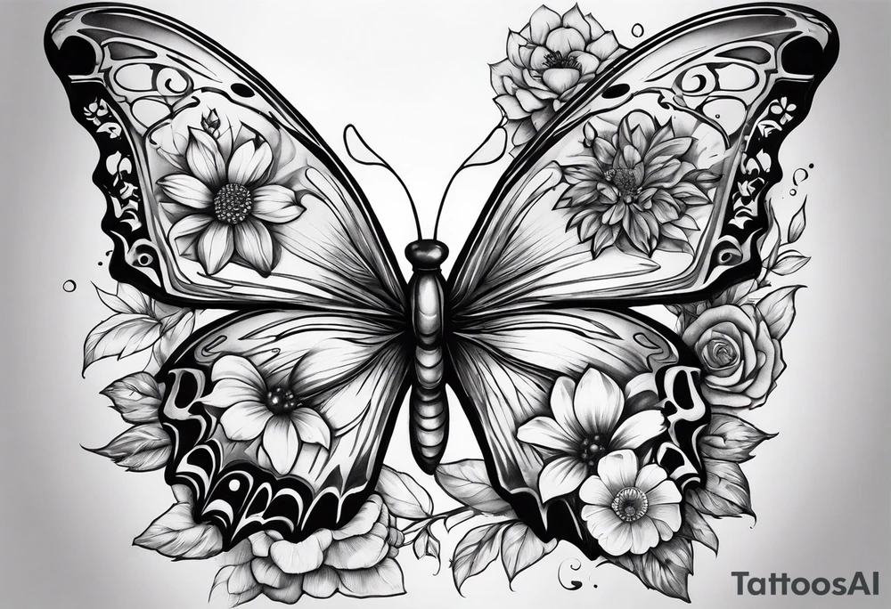 Life to death sleeve with butterflies and flowers tattoo idea