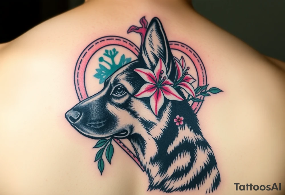 side profile german shepherd dog with pink floral lilies in a watercolour style with blue and green in front of a sacred heart tattoo idea