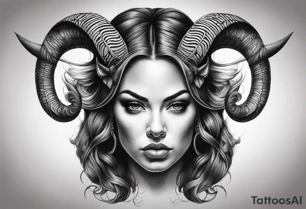symmetrical woman head with curved horns facing downwards dark realism looking front facing view, ultra-detailed, high quality, high sharpness, hyper-realism, hyper-details, hyper-photorealistic, hyper-realistic tattoo idea