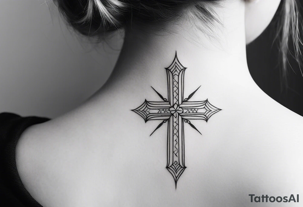 Minimalist Tattoo: A refined cross with a soft halo on top of it, symbolizing light and spirituality. Delicate rays extend outward from the halo, adding a subtle glow and depth. The cross itself is simple and elegant, with potential for small, intricate line details within the design. Style: Minimalist. tattoo idea