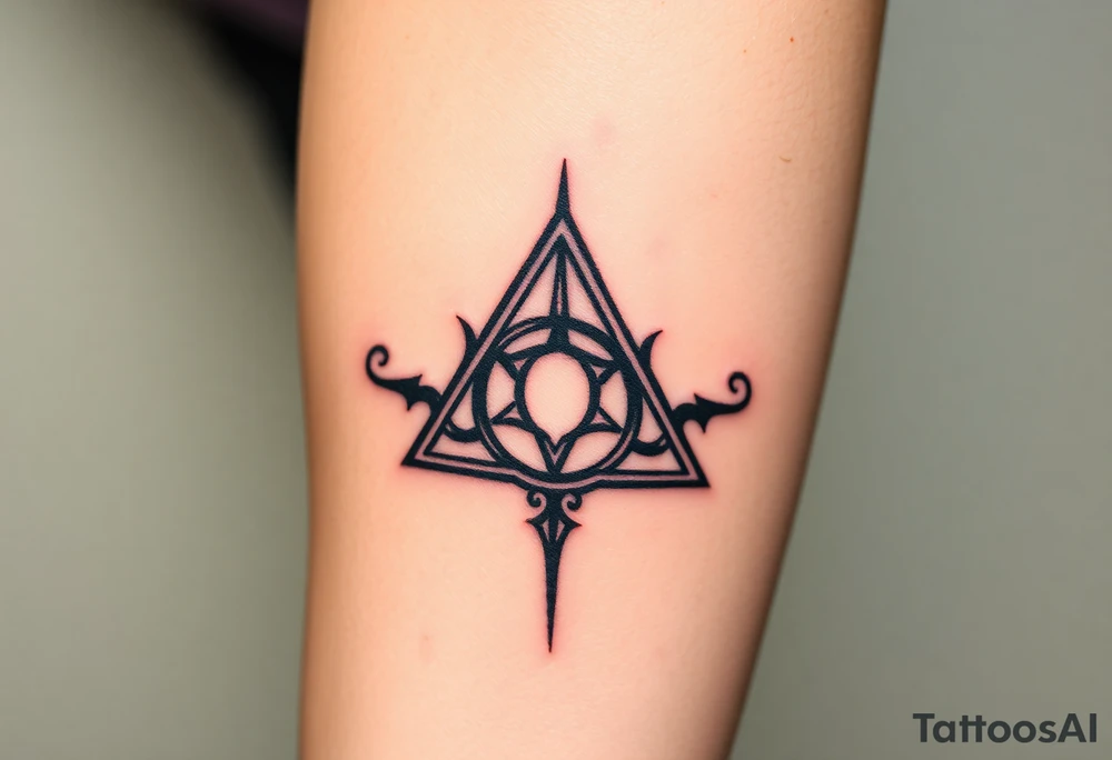 A gothic-style Deathly Hallows symbol, merged with the Dark Mark in an ominous fusion tattoo idea