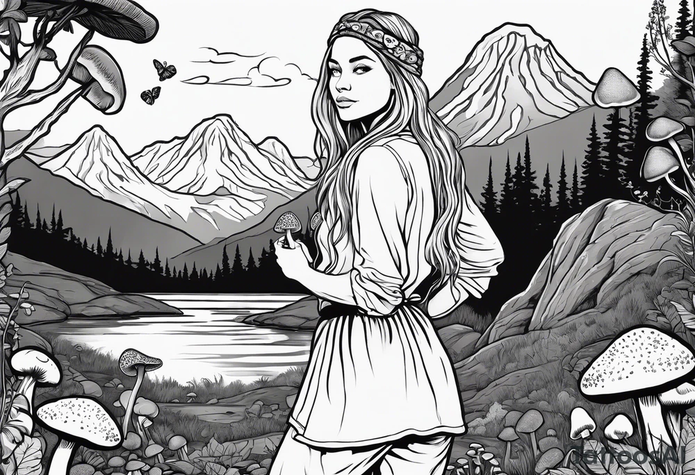 Whole picture encircled fully

Straight long blonde hair hippie girl in distance holding mushrooms in hand facing away toward mountains and creek surrounded by mushrooms long sleeve shirt and hiking pants; whole rendering within a full circle, no cut off circle tattoo idea