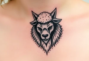 Big bad wolf nursery rhyme wearing a sheep costume with sheep head hood to kill and eat the three little pigs and little red riding hood in the woods tattoo idea