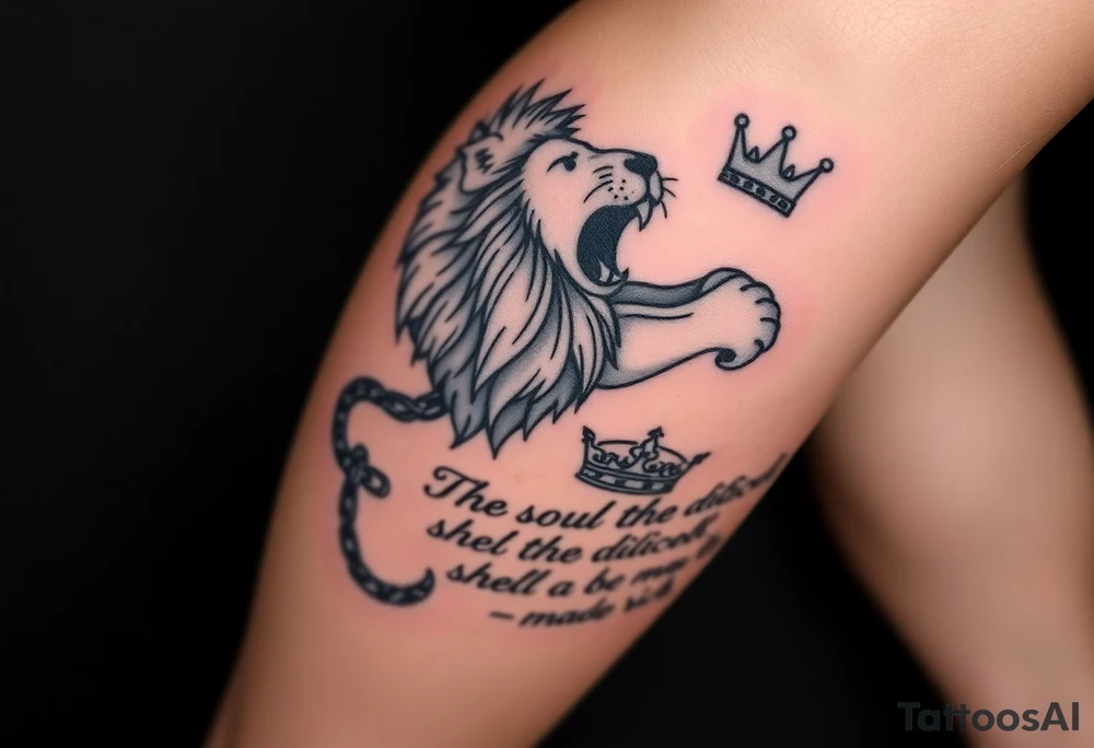 On calf

Top of calf:
	•	Roaring lion (discipline, kingship)

Below:
	•	Broken chain (laziness)
	•	Crown resting on a Bible or stone tablet

Text:
	•	The main line: “The soul of the diligent shall be made rich.” larger
	•	First half smaller above or below
	•	Proverbs reference under the lion’s jaw

This works well if your cover-up needs bold contrast and texture (lion’s mane hides a lot). tattoo idea