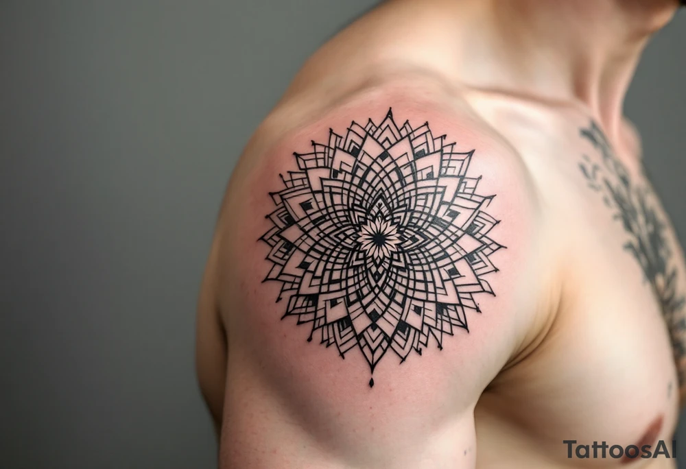 An intricate mandala with akarma symbol in the center tattoo idea