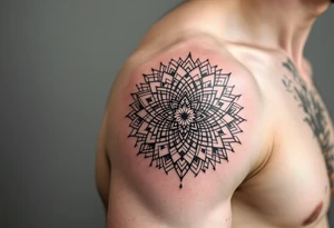 An intricate mandala with akarma symbol in the center tattoo idea