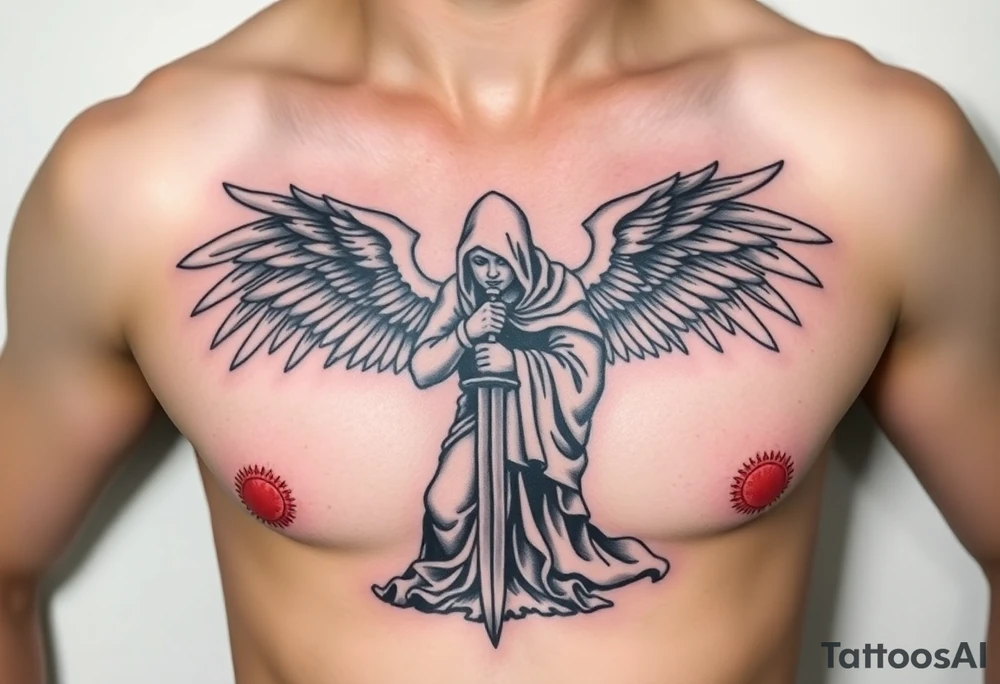 Warrior Angel with long sword  kneeling looking down cloak over head wings
 spread tattoo idea